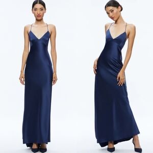 Alice + Olivia By Stacey Bendet Montana Tie Back Gown Sz 6 Azure VNeck Slip Maxi